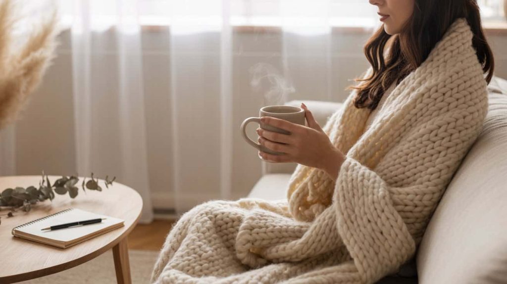 Young woman wrapped in soft pink knitted throw blanket, relaxing on light sofa, quiet self care living room scene