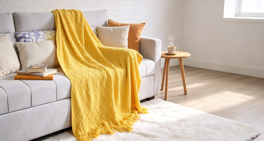 Bright yellow diamond knit tassel throw blanket draped over light grey sofa, stacked books beside it, bright cozy living room self care scene