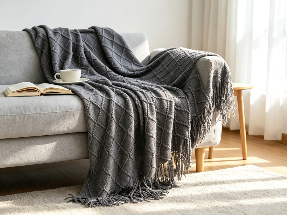 Dark grey diamond knit tassel throw blanket draped over light sofa, open book and ceramic mug, bright cozy living room self care scene