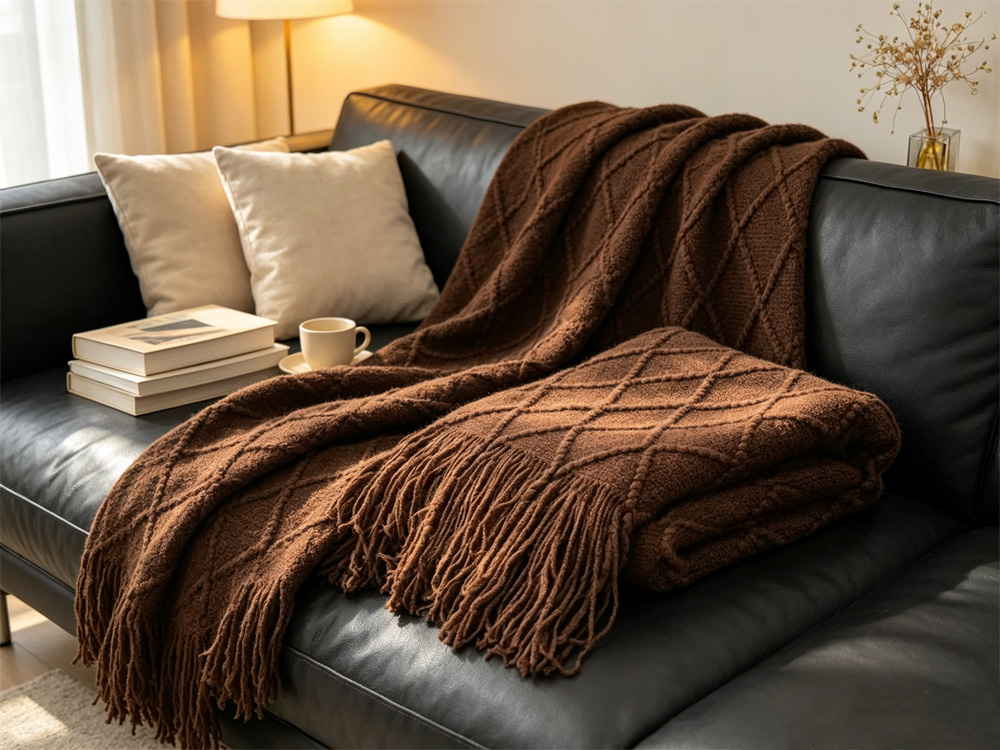 Dark brown diamond knit tassel throw blanket laid on black leather sofa, stacked books and warm ambient lighting, cozy evening self care home scene
