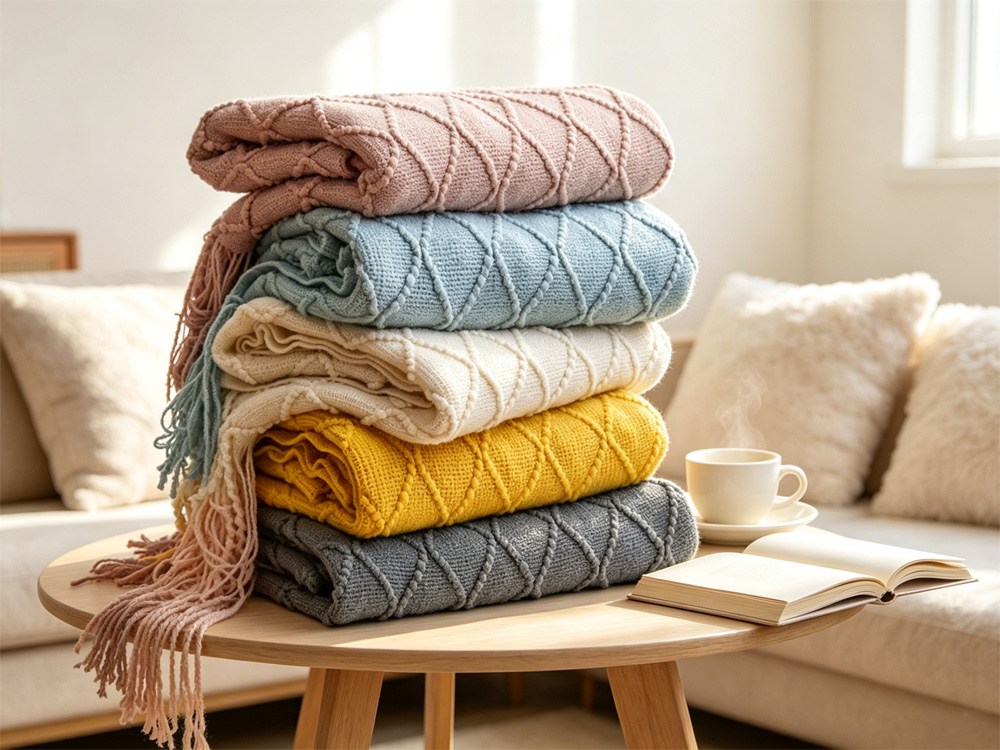 Stack of multi-color diamond knit tassel throw blankets on wooden side table, ceramic mug and open book, bright cozy living room scene