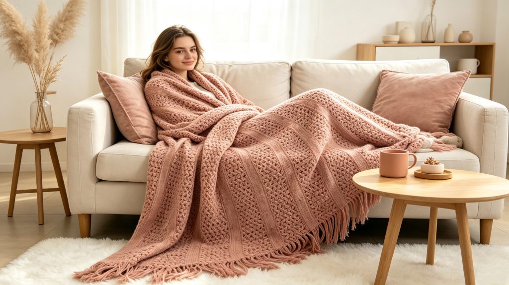 Young woman wrapped in dusty pink tassel knit throw blanket, relaxing on light sofa, cozy home self care lifestyle 标题（Title）