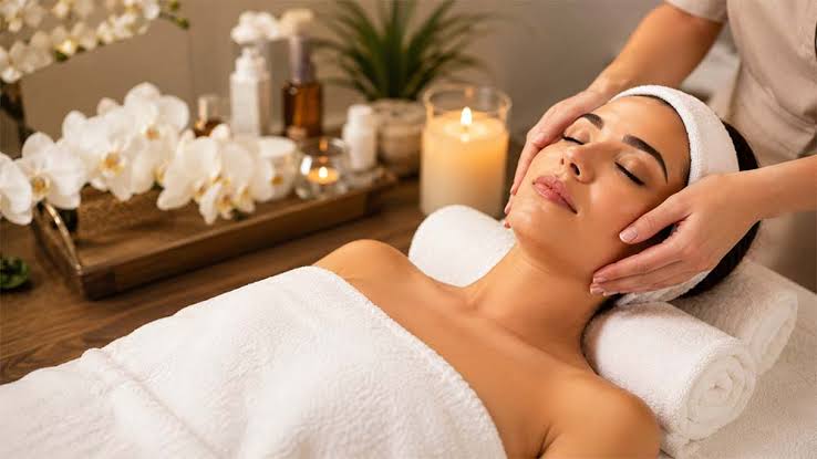 Young woman enjoying relaxing spa facial treatment, calm peaceful self care wellness scene with candles and orchid flowers