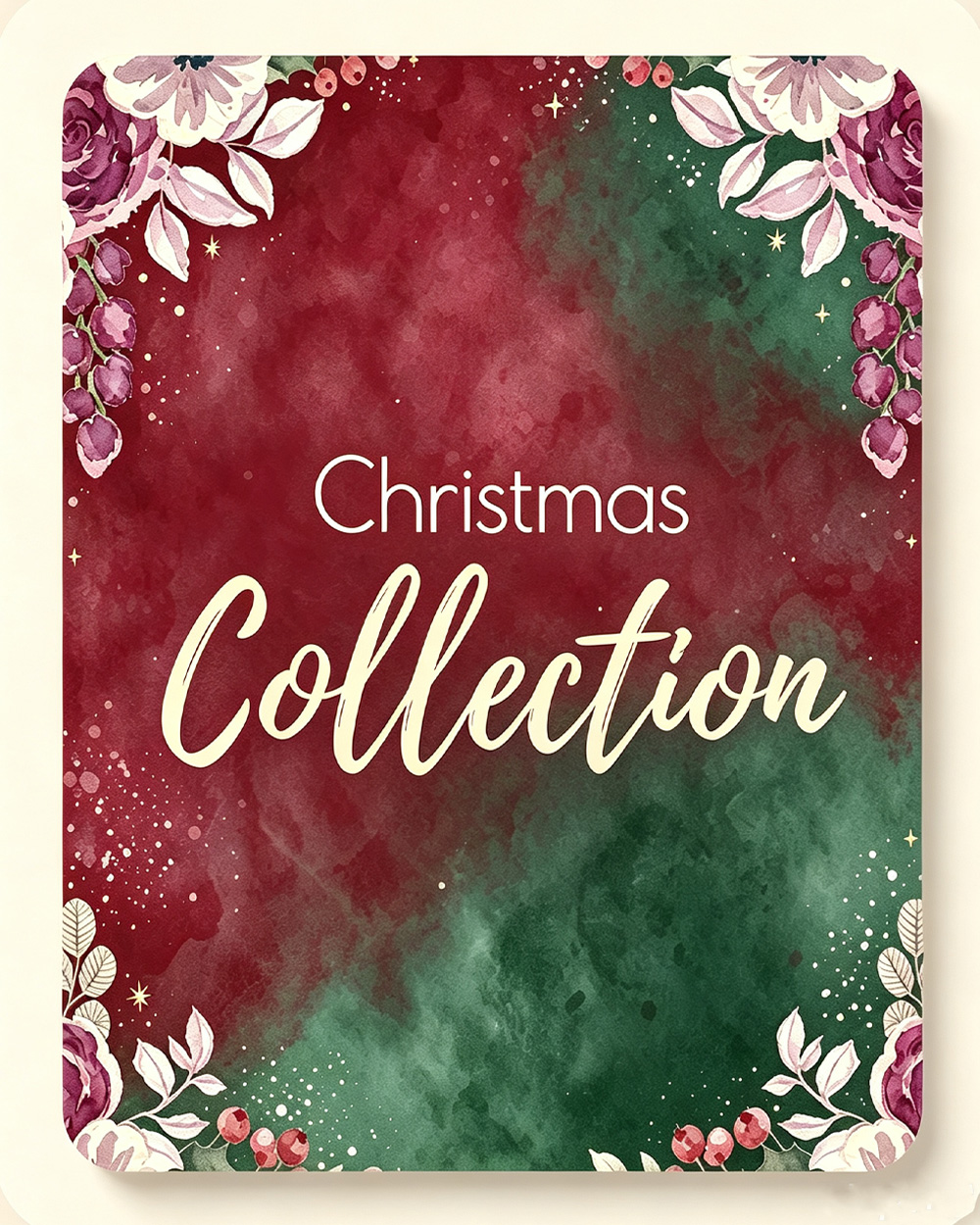 Christmas Collection gift category card, watercolor floral design with soft off-white padding and subtle shadow, holiday gift hamper navigation graphic for Nestlygift blog