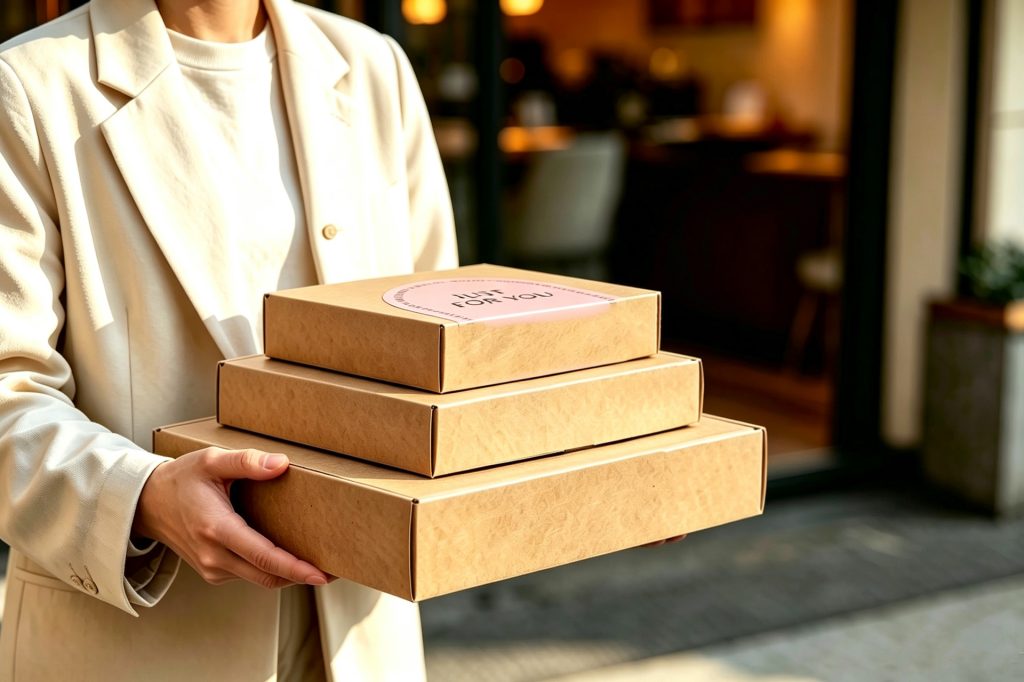 Lifestyle shot of a woman holding stacked kraft gift boxes, minimalist neutral packaging for Nestlygift curated emotional gift hampers