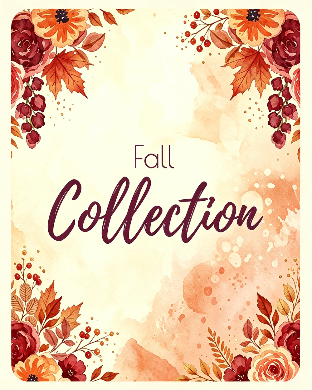 Fall Collection gift category card, watercolor autumn floral design with soft off-white padding and subtle shadow, fall hamper navigation graphic for Nestlygift blog