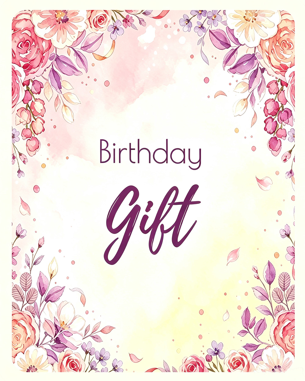 Birthday Gift category card, pastel watercolor floral design with soft off-white padding and subtle shadow, birthday hamper navigation graphic for Nestlygift blog
