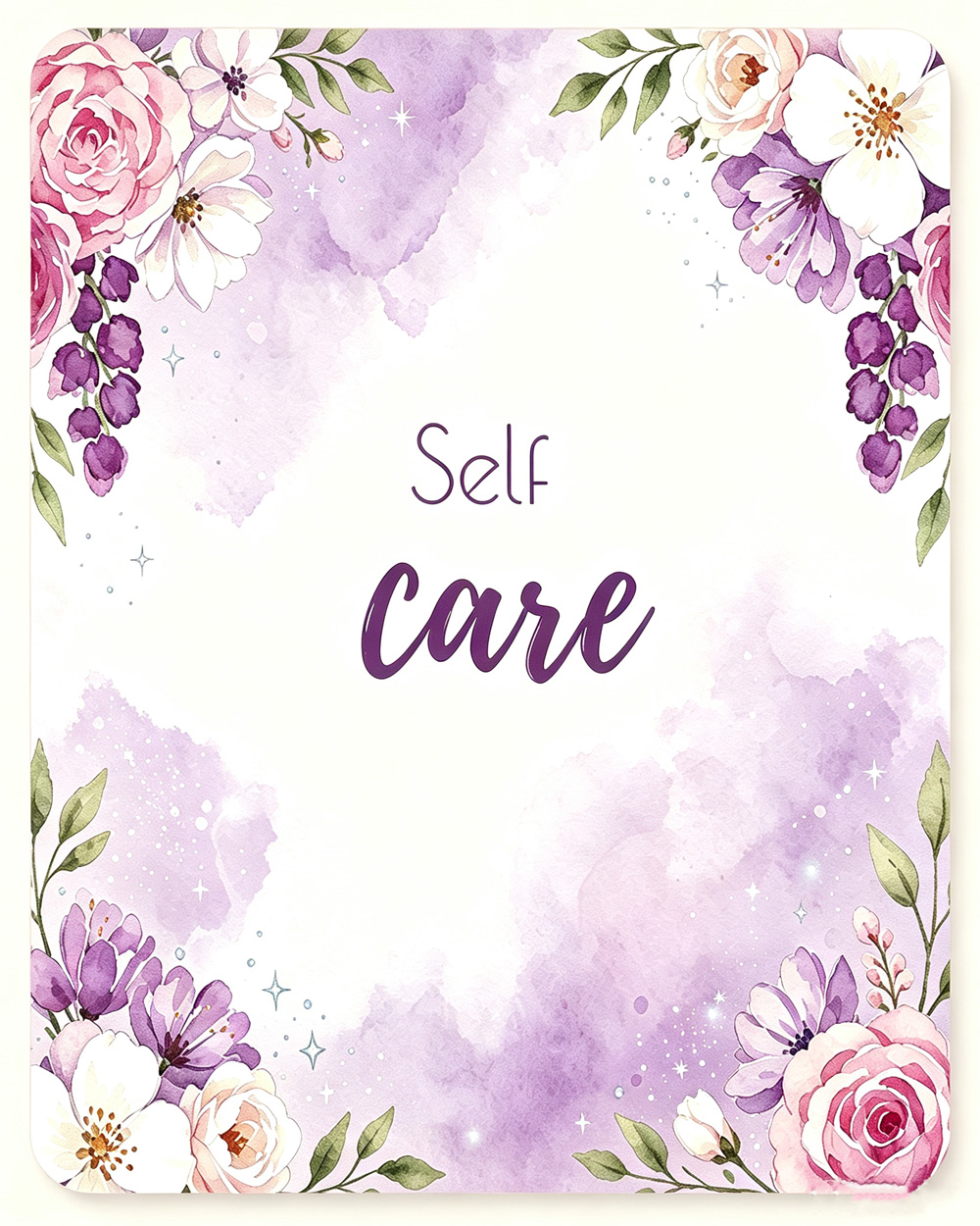 Self Care gift category card, lavender watercolor floral design with soft off-white padding and subtle shadow, self-care hamper navigation graphic for Nestlygift blog