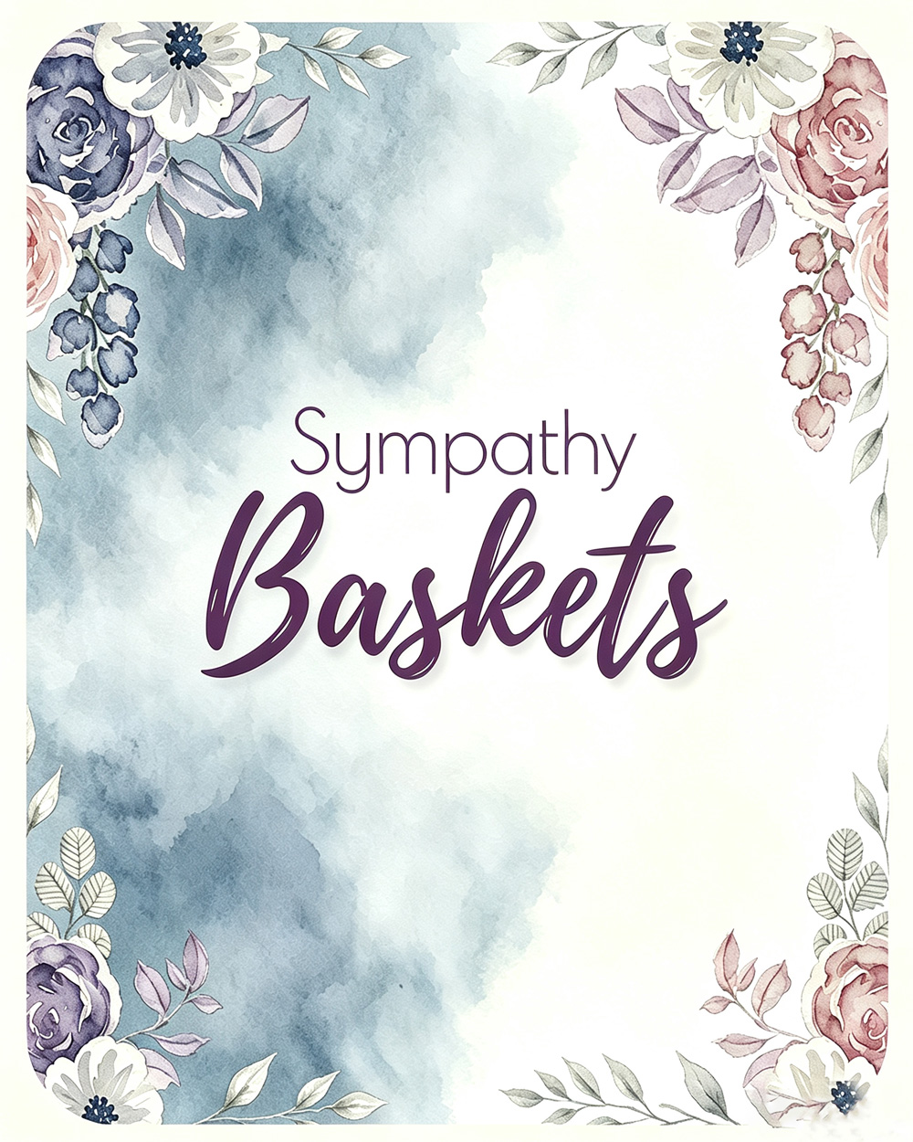 Sympathy Baskets gift category card, muted blue-gray watercolor floral design with soft off-white padding and subtle shadow, condolence hamper navigation graphic for Nestlygift blog