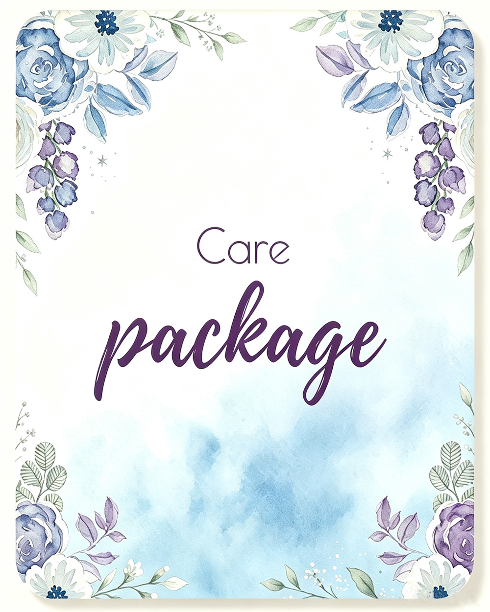 Care Package gift category card, soft sky blue watercolor floral design with cream inner padding and subtle shadow, get-well care hamper navigation graphic for Nestlygift blog
