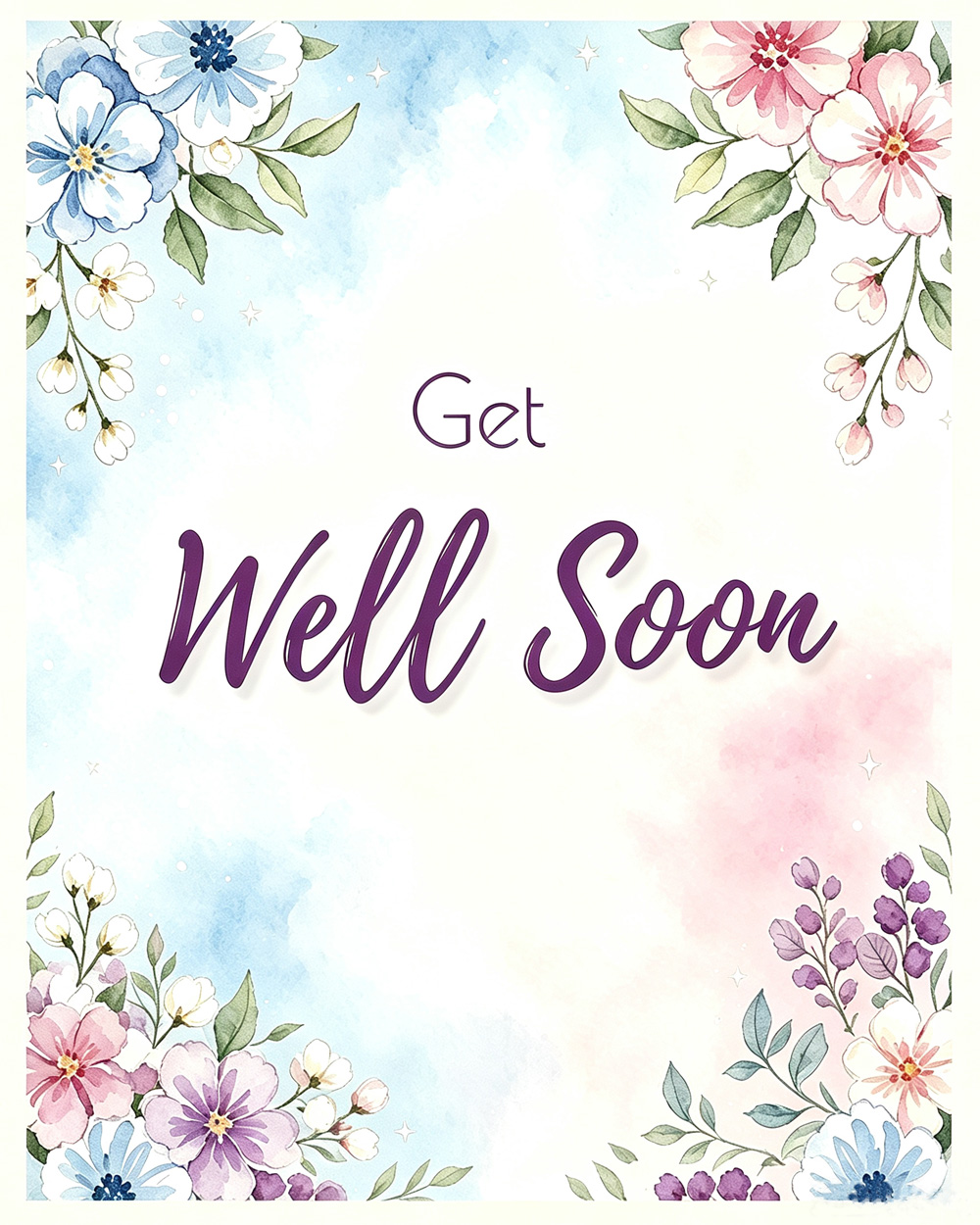 Get Well Soon gift category card, pastel pink-blue watercolor floral design with cream inner padding and subtle shadow, recovery care hamper navigation graphic for Nestlygift blog