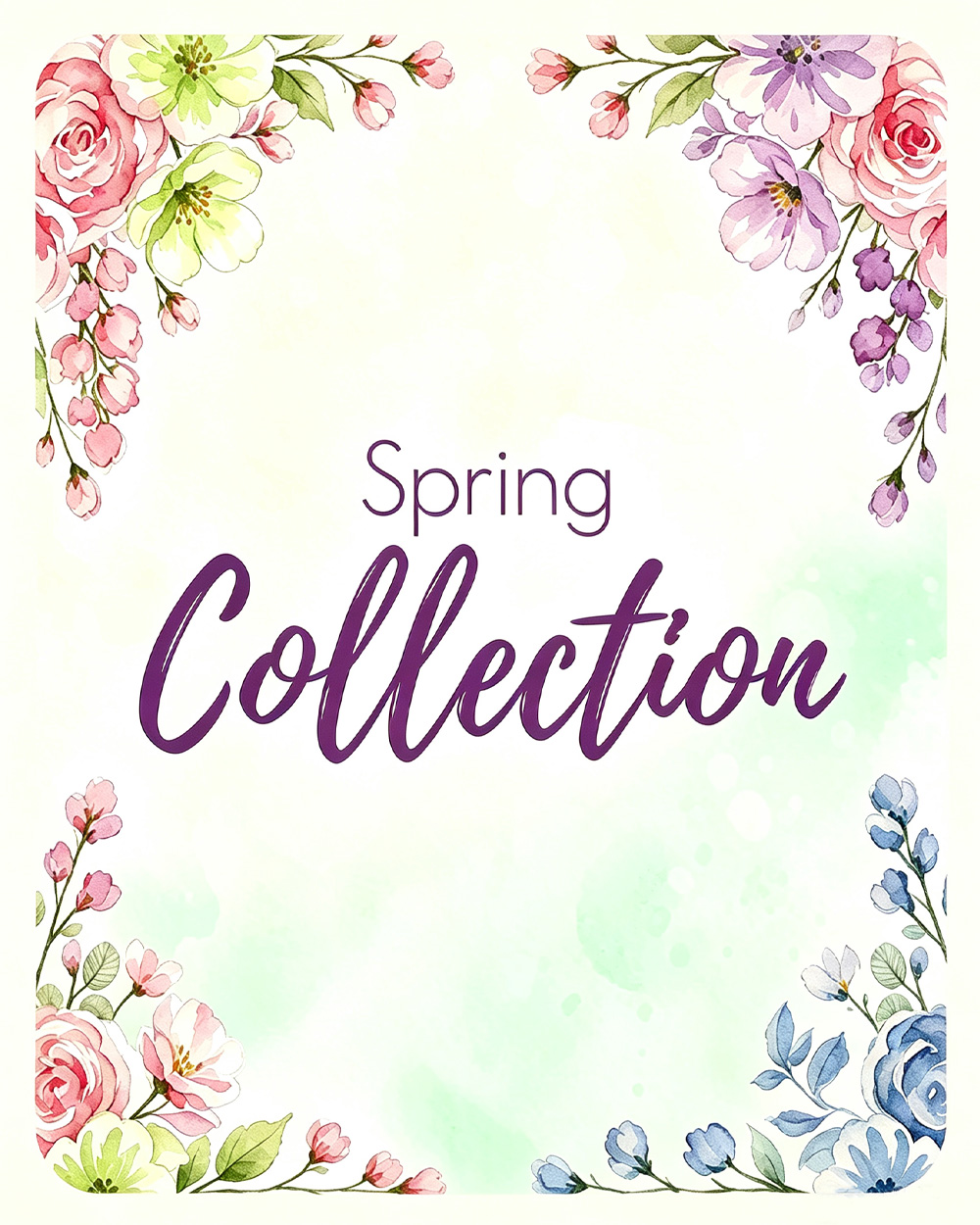 Spring Collection gift category card, fresh pastel green-pink watercolor floral design with cream inner padding and subtle shadow, spring hamper navigation graphic for Nestlygift blog