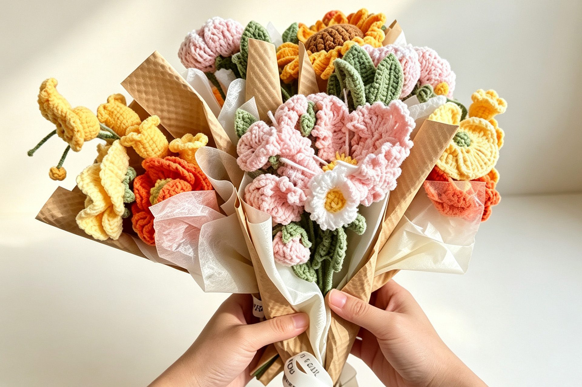 Handmade crochet flower bouquet held by two hands, warm pastel knitted floral gift decor for Nestlygift gift hamper blog content
